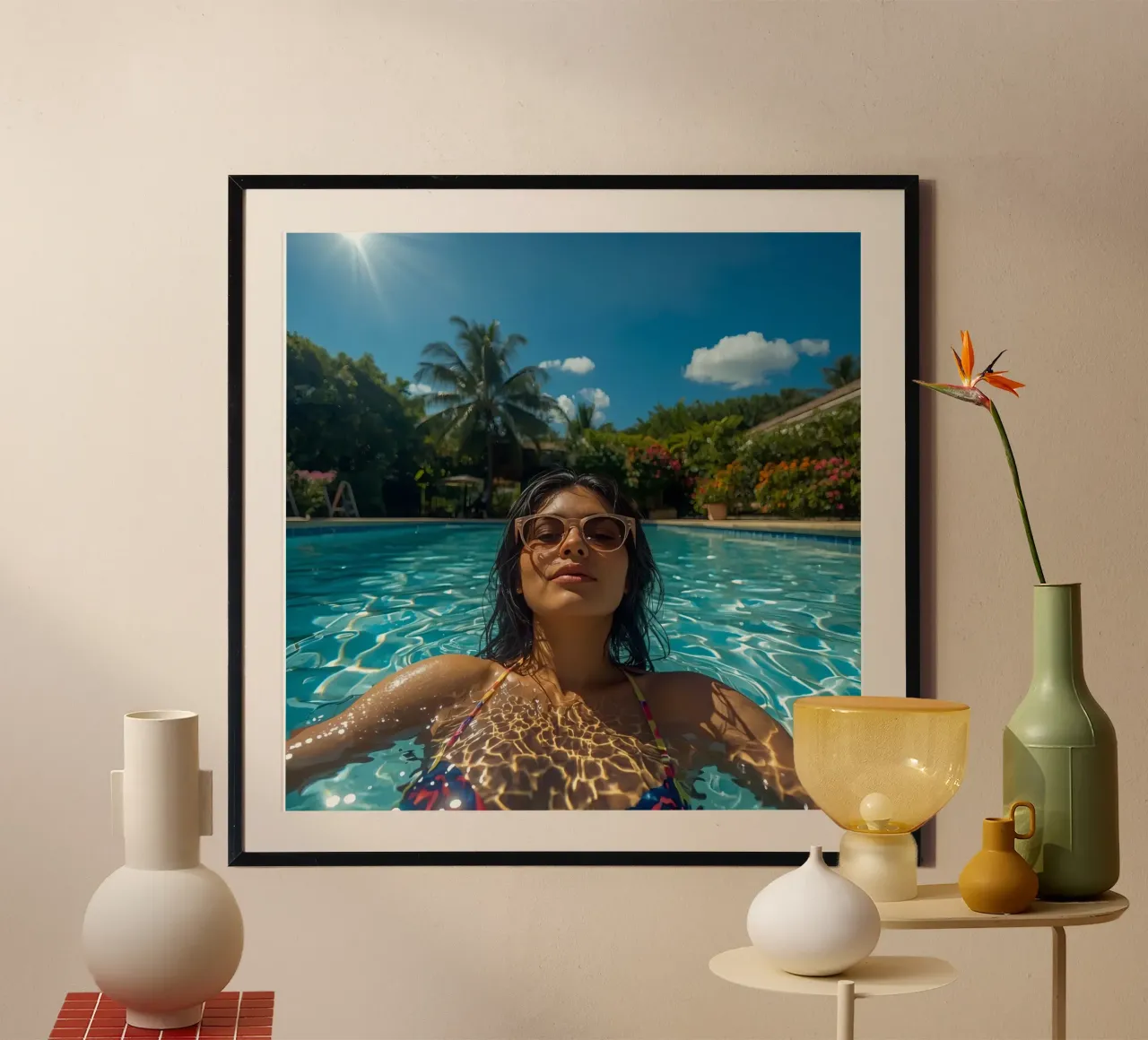 Donna in piscina con occhiali da sole Selfie tropicale poster con telaio in legno da DesignDoodle