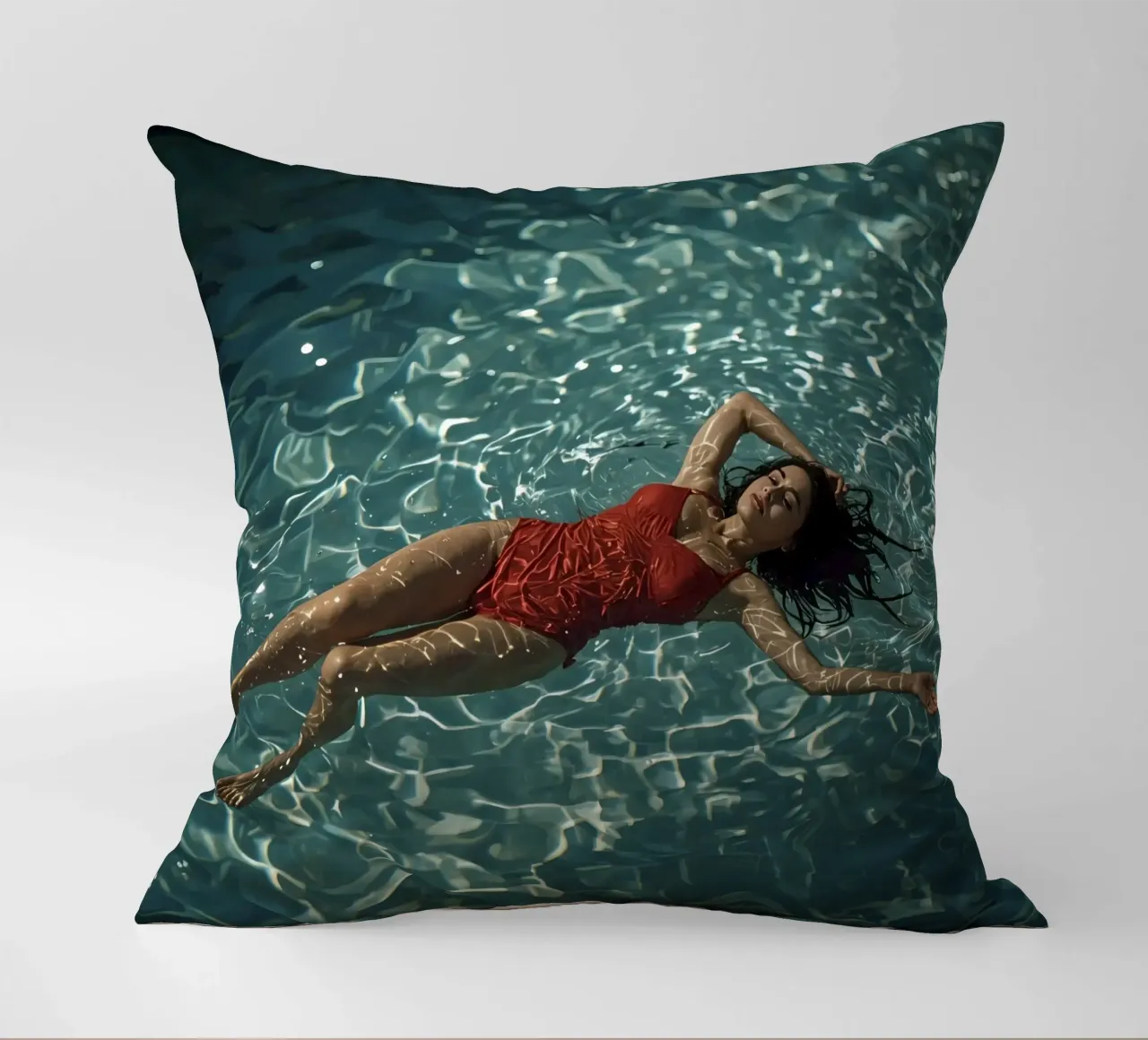 Femme en maillot de bain rouge flottant dans l'eau coussin de DesignDoodle