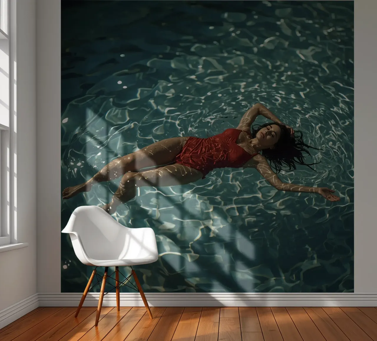 Femme en maillot de bain rouge flottant dans l'eau papier peint photo de DesignDoodle