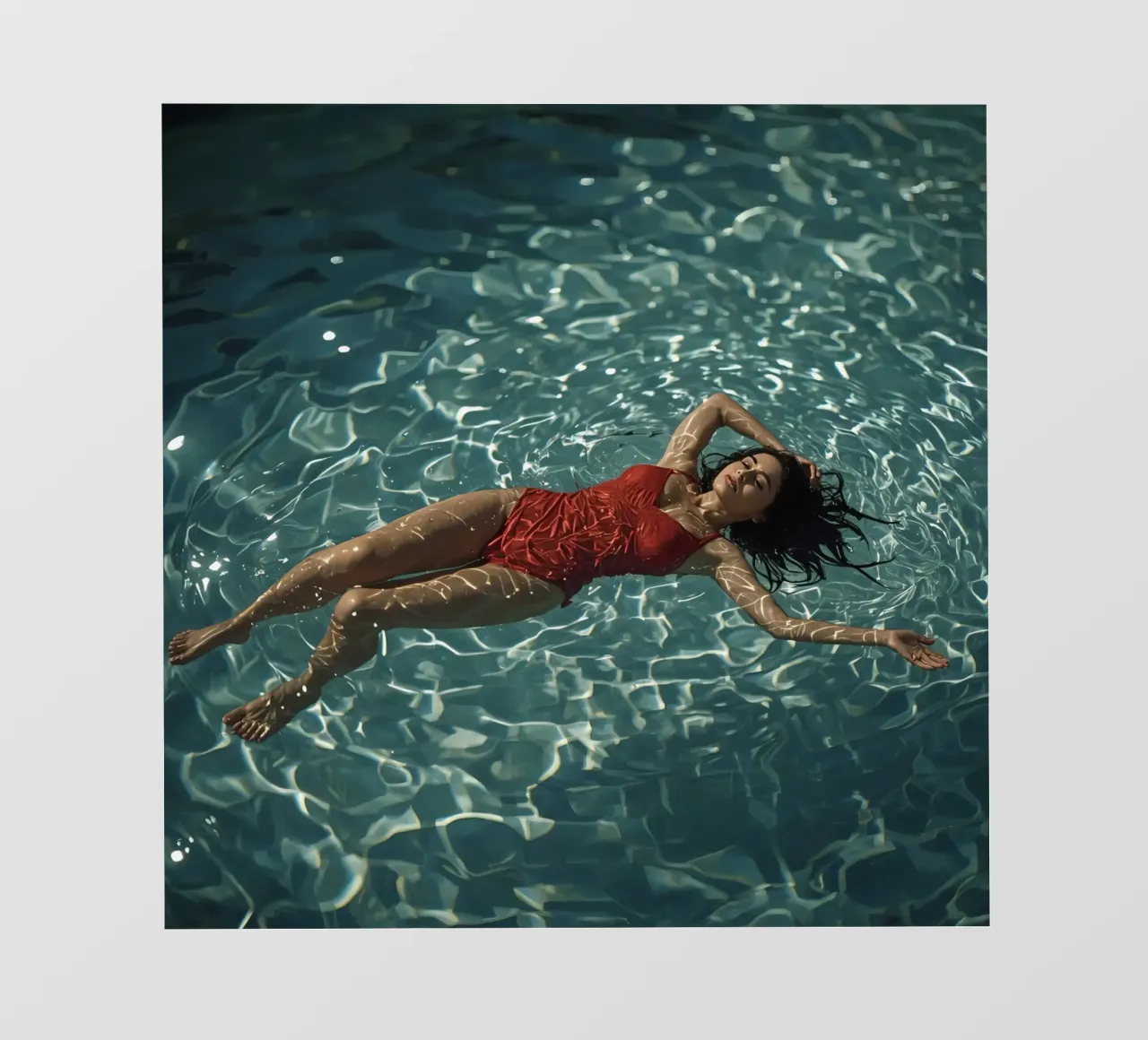 Femme en maillot de bain rouge flottant dans l'eau papier peint photo de DesignDoodle