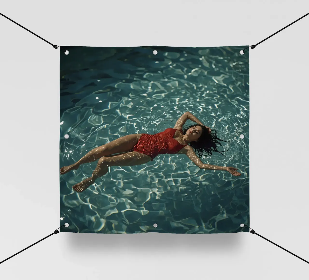 Femme en maillot de bain rouge flottant dans l'eau bâche pvc de DesignDoodle
