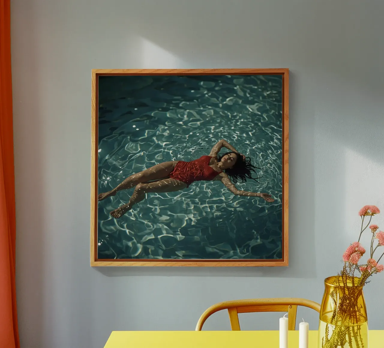 Femme en maillot de bain rouge flottant dans l'eau plexiglas de DesignDoodle