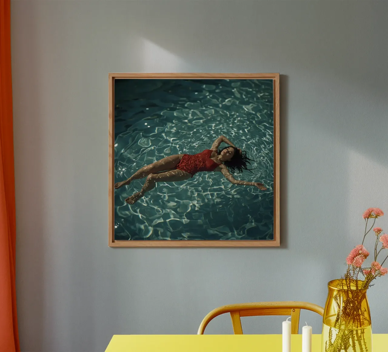 Femme en maillot de bain rouge flottant dans l'eau panneau forex de DesignDoodle