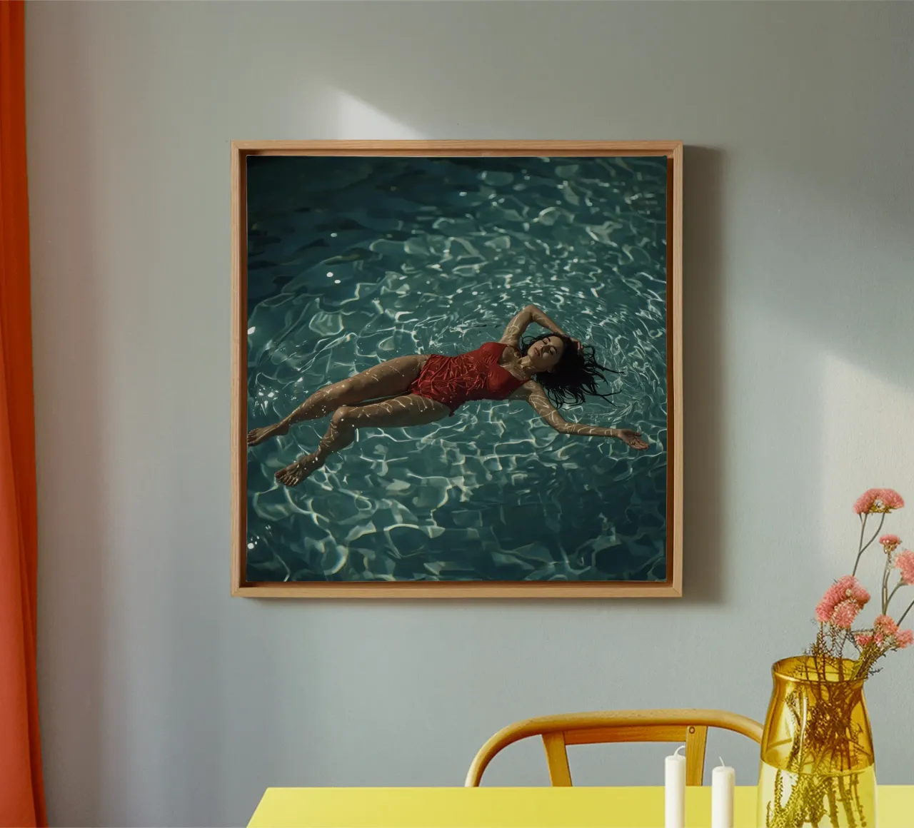 Vrouw in rood badpak drijft in water canvas met Baklijst van DesignDoodle