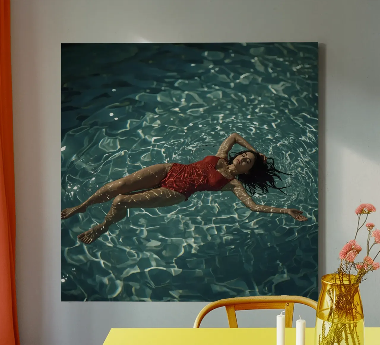 Vrouw in rood badpak drijft in water canvas met Baklijst van DesignDoodle