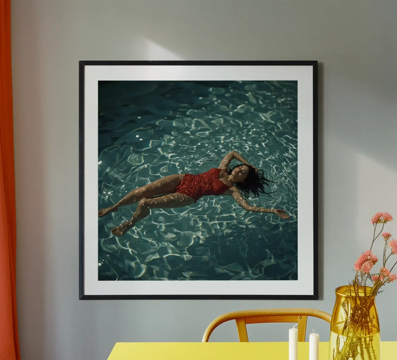 Vrouw in rood badpak drijft in water poster van DesignDoodle