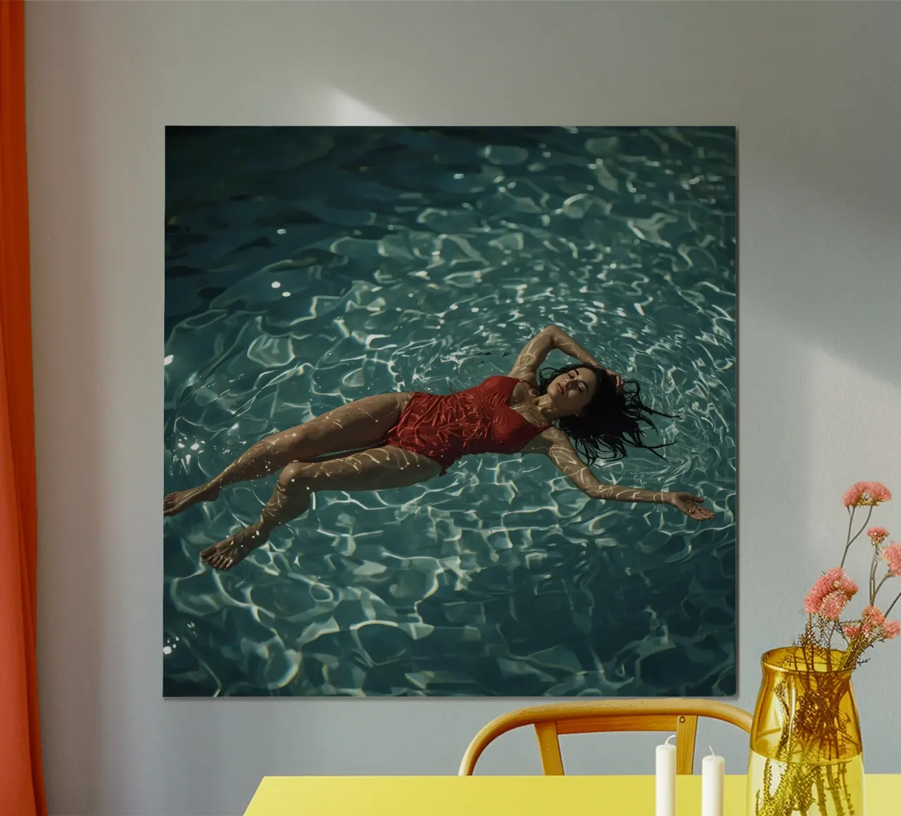Vrouw in rood badpak drijft in water poster van DesignDoodle