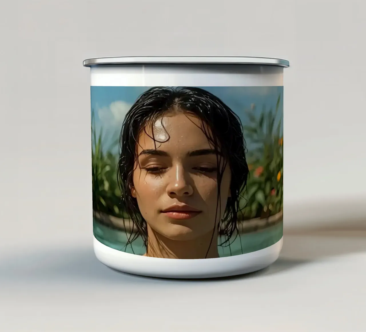 Vrouw in zwembad met tuin achtergrond emaille mok van DesignDoodle