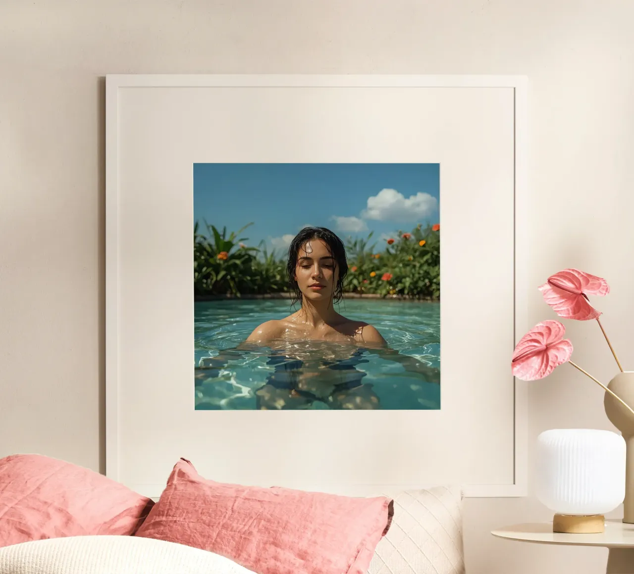 Vrouw in zwembad met tuin achtergrond poster van DesignDoodle