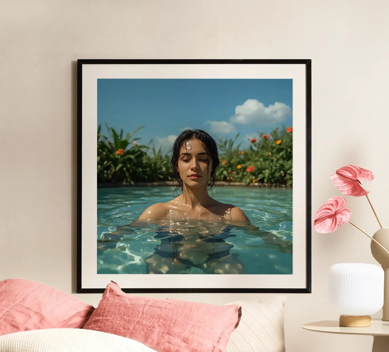 Vrouw in zwembad met tuin achtergrond poster van DesignDoodle