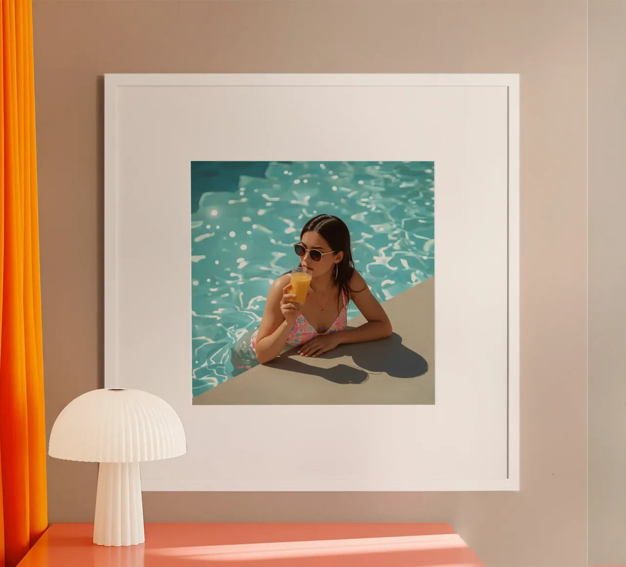 Donna in piscina con succo di frutta e occhiali da sole poster da DesignDoodle
