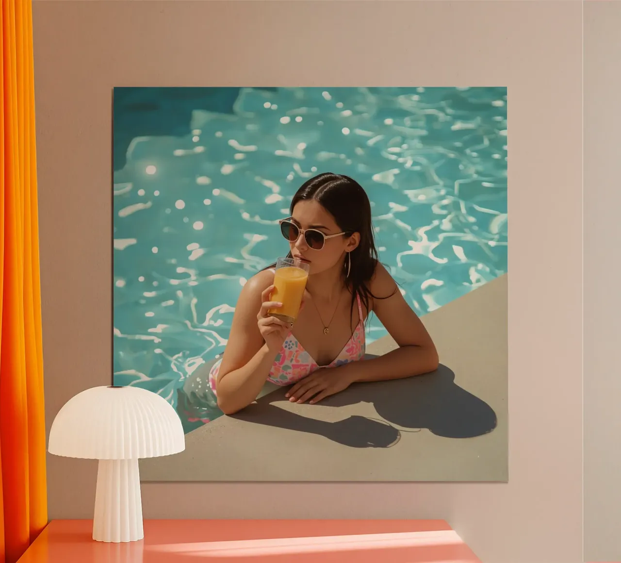 Donna in piscina con succo di frutta e occhiali da sole poster da DesignDoodle