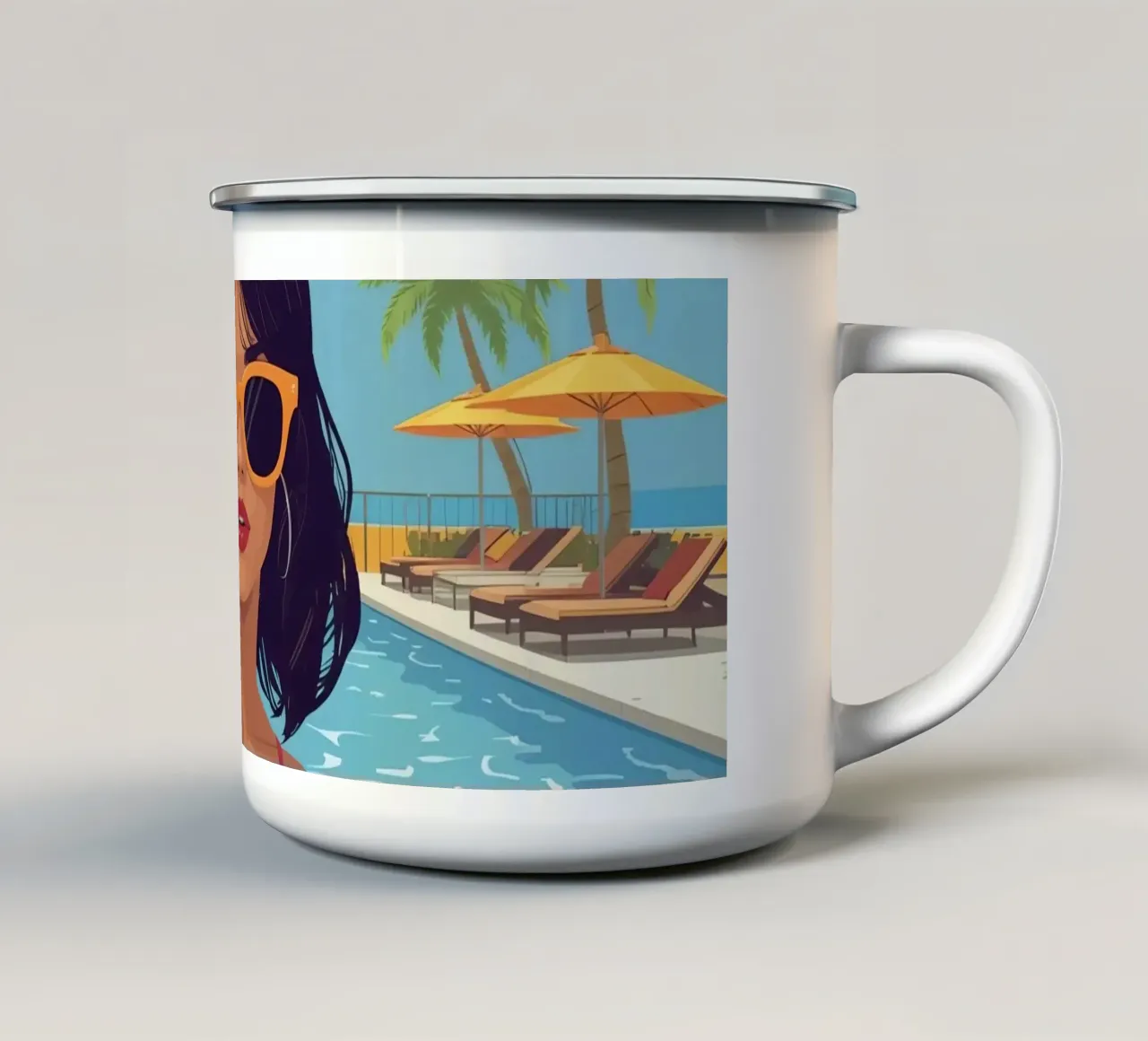Donna con drink in piscina tazza in smalto da DesignDoodle
