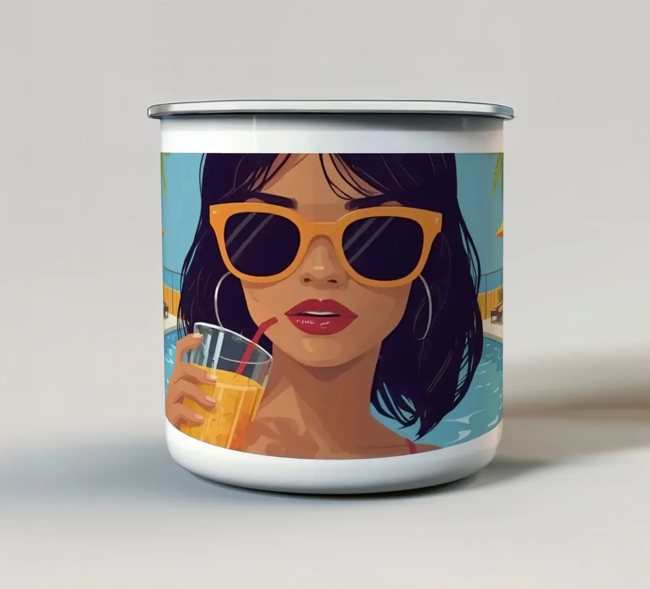 Donna con drink in piscina tazza in smalto da DesignDoodle