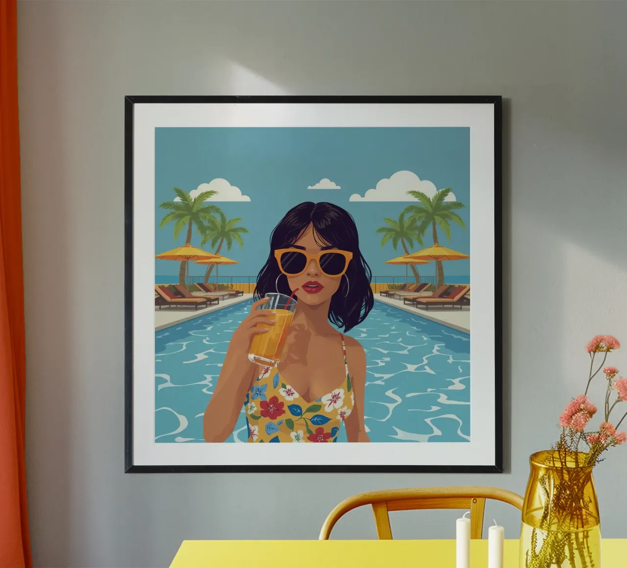 Donna con drink in piscina poster con telaio in alluminio da DesignDoodle