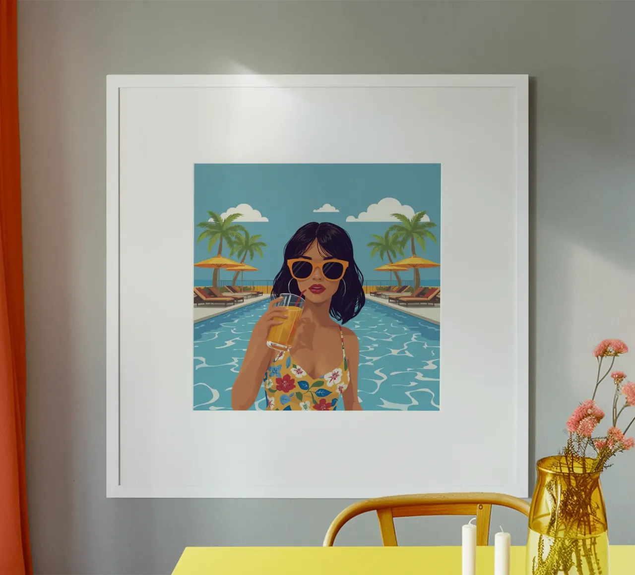 Donna con drink in piscina poster con telaio in alluminio da DesignDoodle