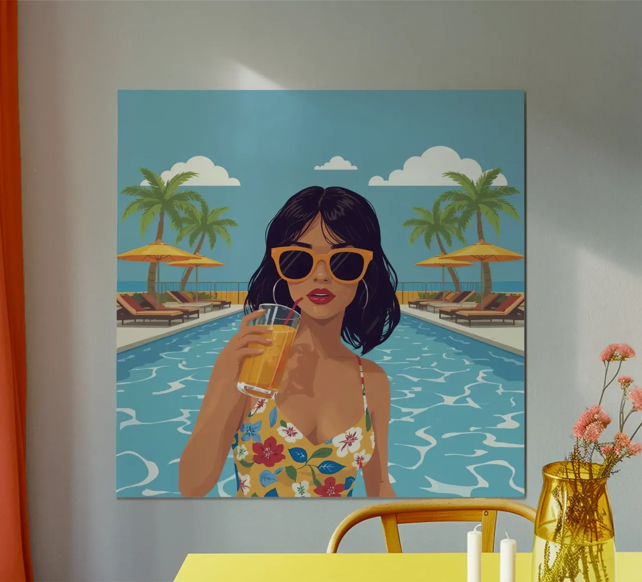 Donna con drink in piscina poster con telaio in alluminio da DesignDoodle