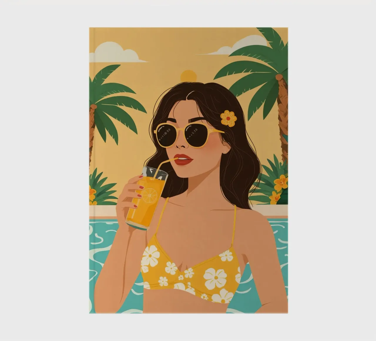 Woman with Juice by Pool with Palm Trees notebook by DesignDoodle