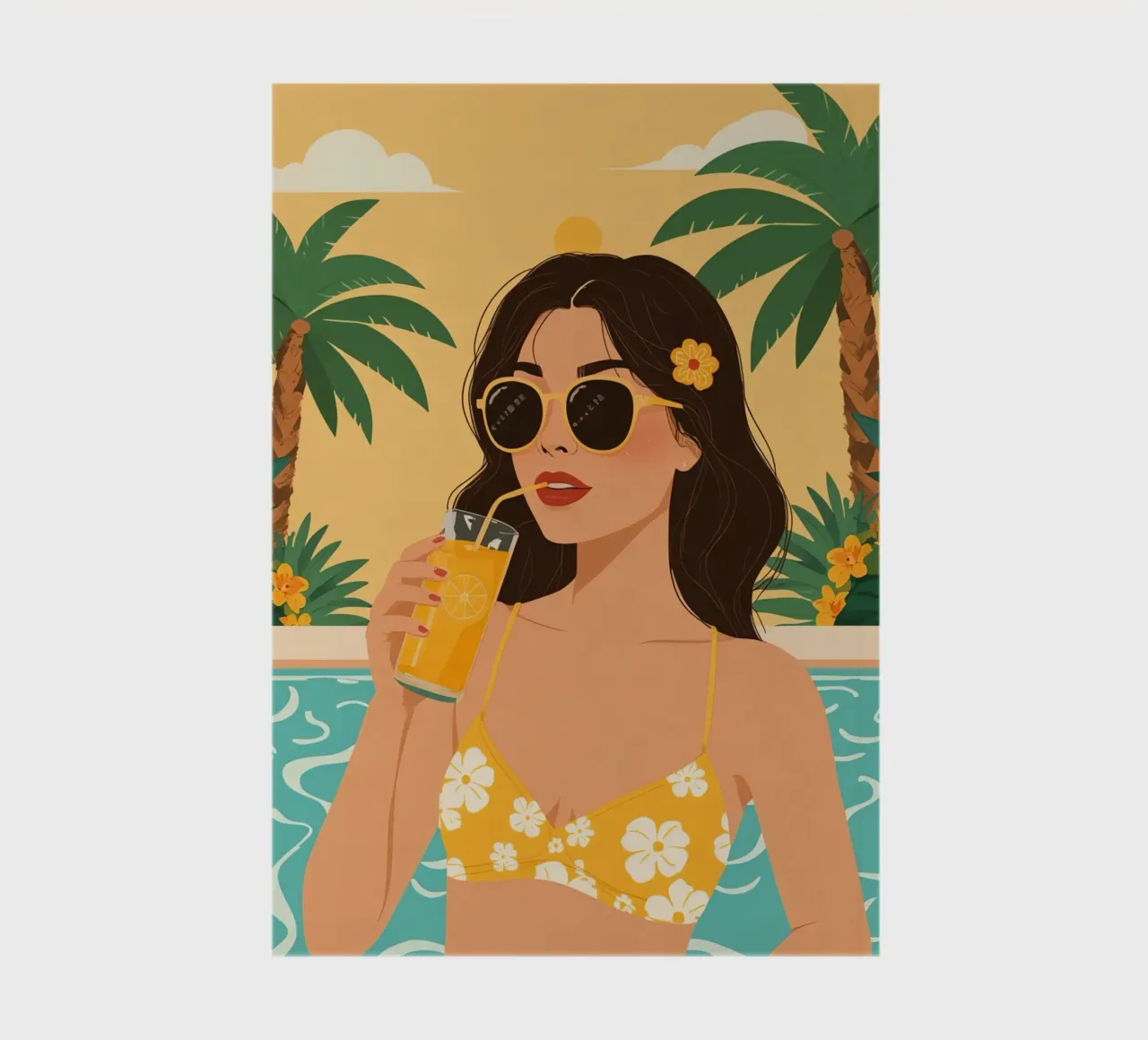 Woman with Juice by Pool with Palm Trees notebook by DesignDoodle