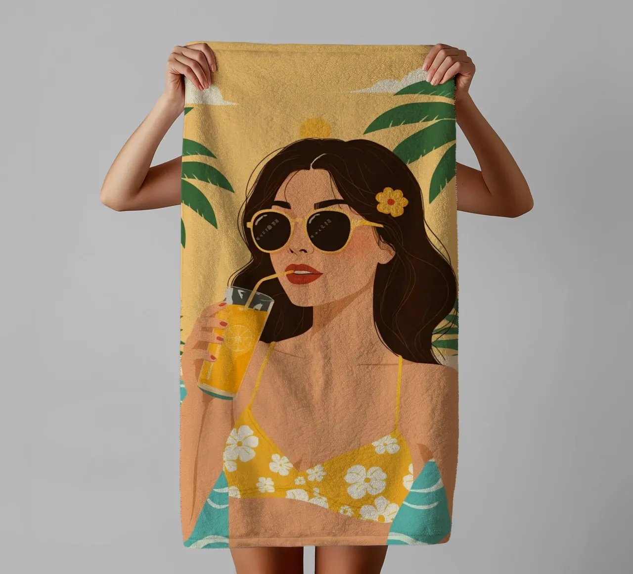 Woman with Juice by Pool with Palm Trees towel by DesignDoodle