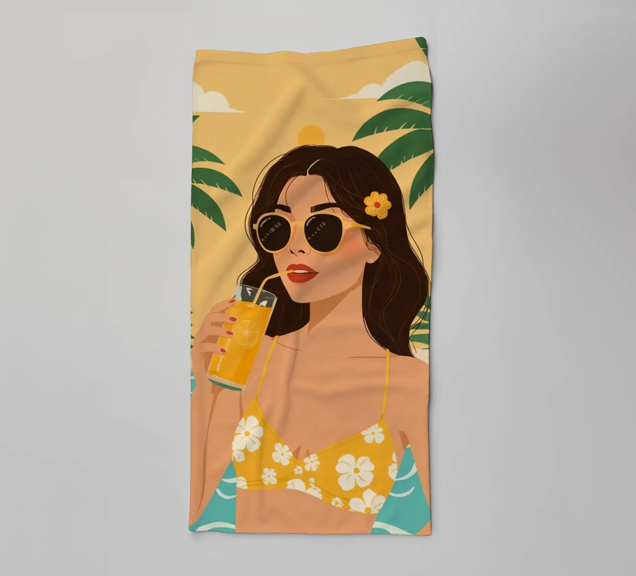 Woman with Juice by Pool with Palm Trees towel by DesignDoodle