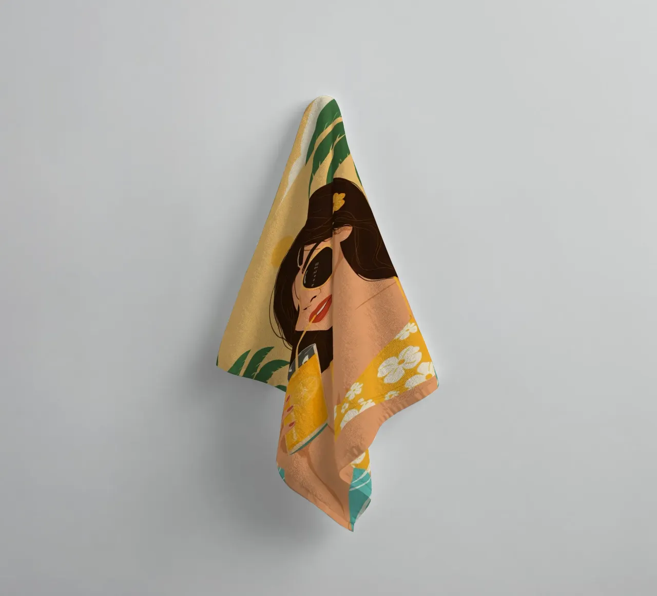 Woman with Juice by Pool with Palm Trees towel by DesignDoodle