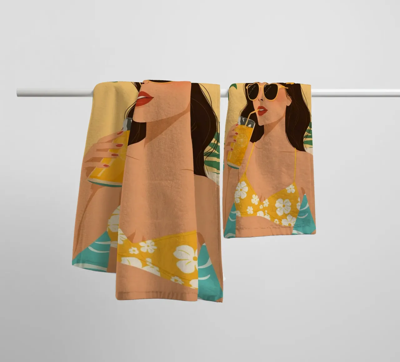Woman with Juice by Pool with Palm Trees towel by DesignDoodle