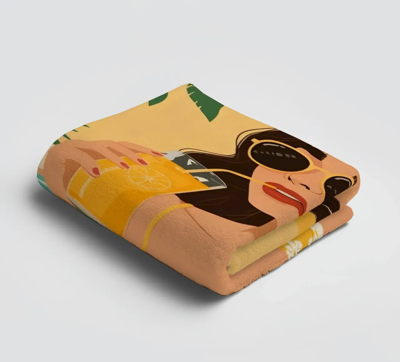 Woman with Juice by Pool with Palm Trees towel by DesignDoodle