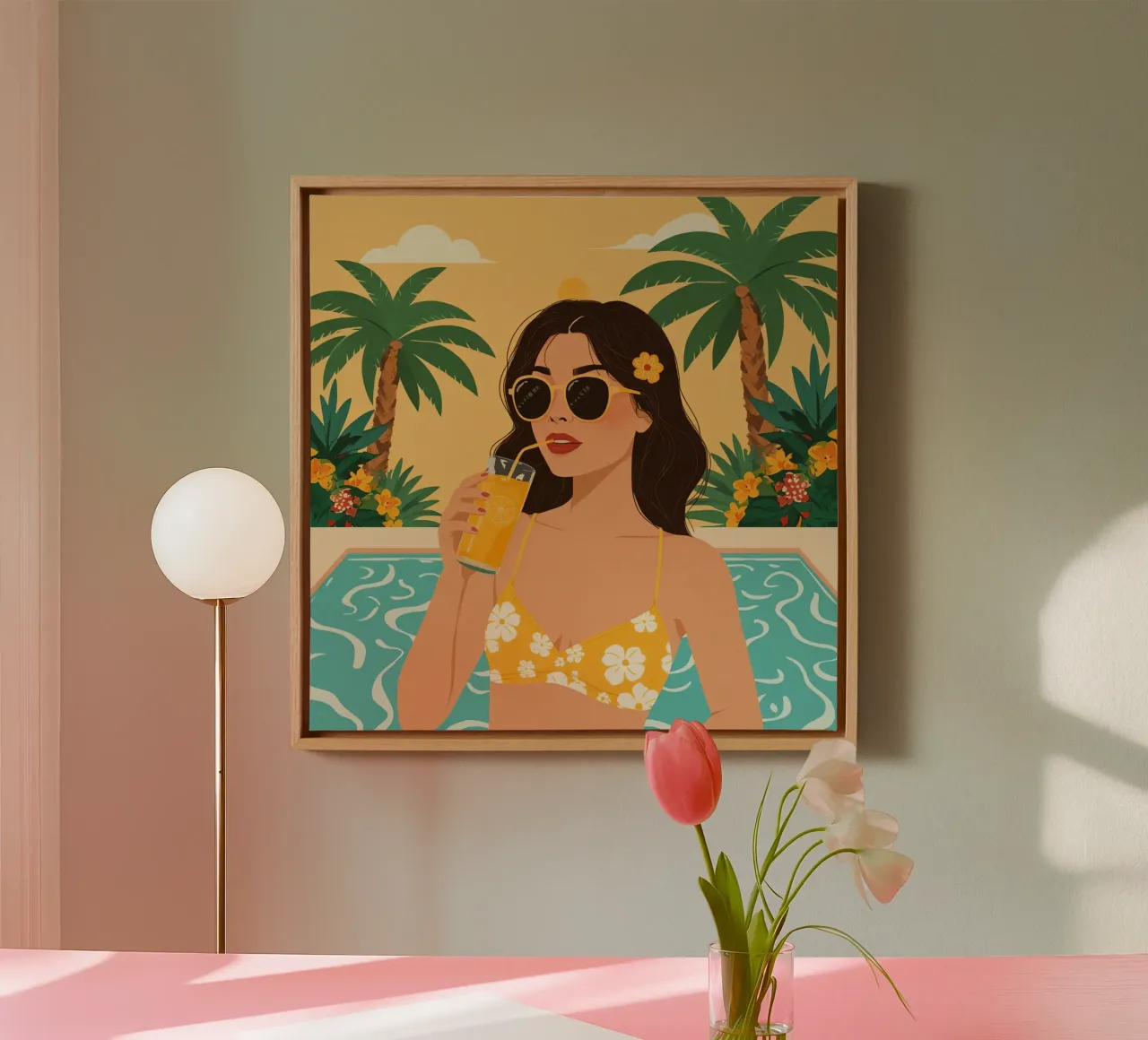 Woman with Juice by Pool with Palm Trees canvas with Floater frame by DesignDoodle