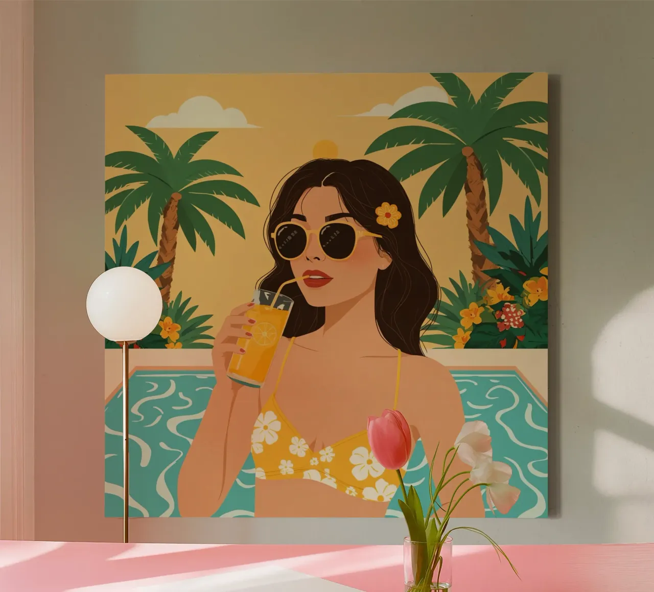 Woman with Juice by Pool with Palm Trees canvas with Floater frame by DesignDoodle