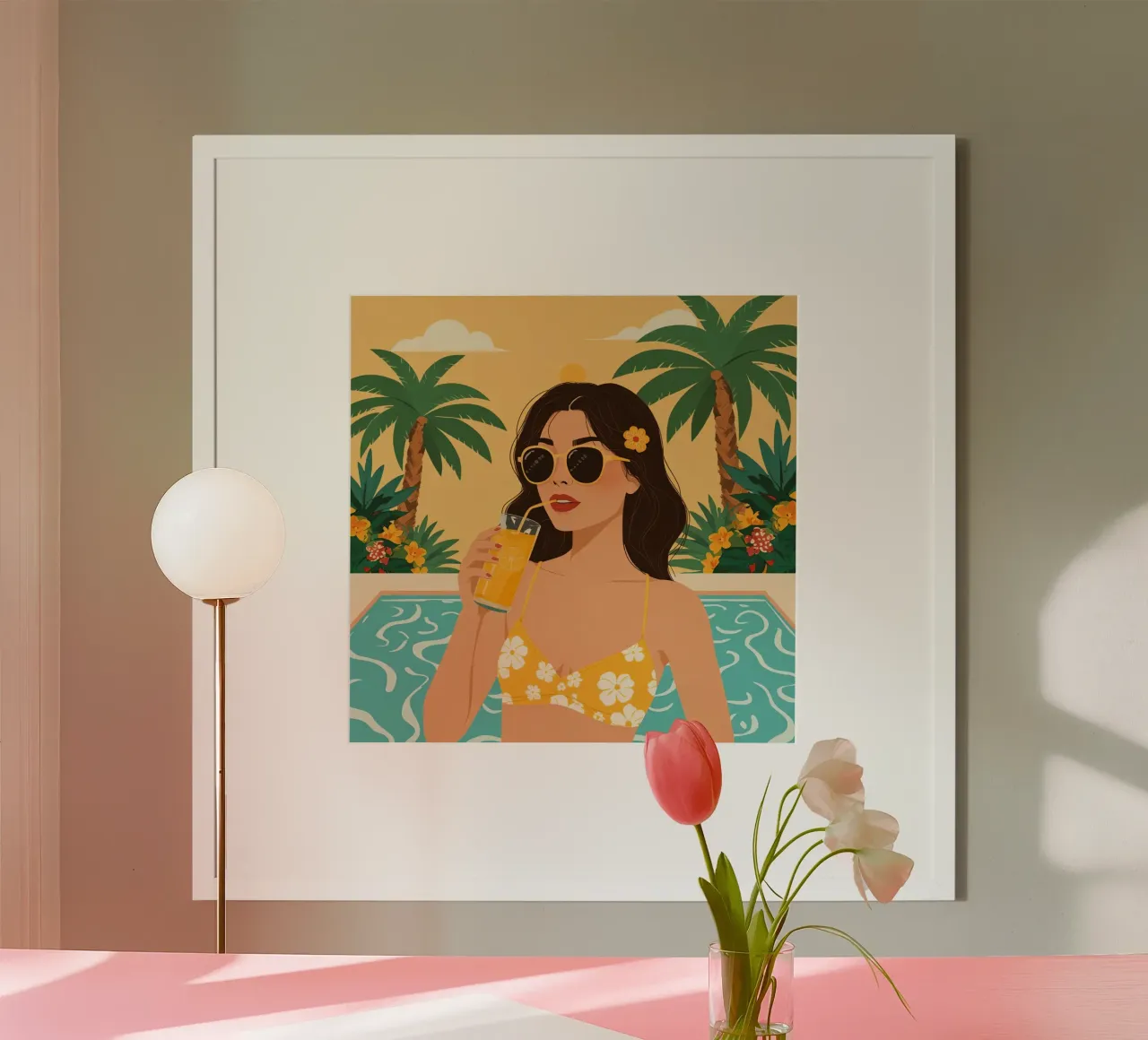 Donna con succo di frutta in piscina con palme poster da DesignDoodle