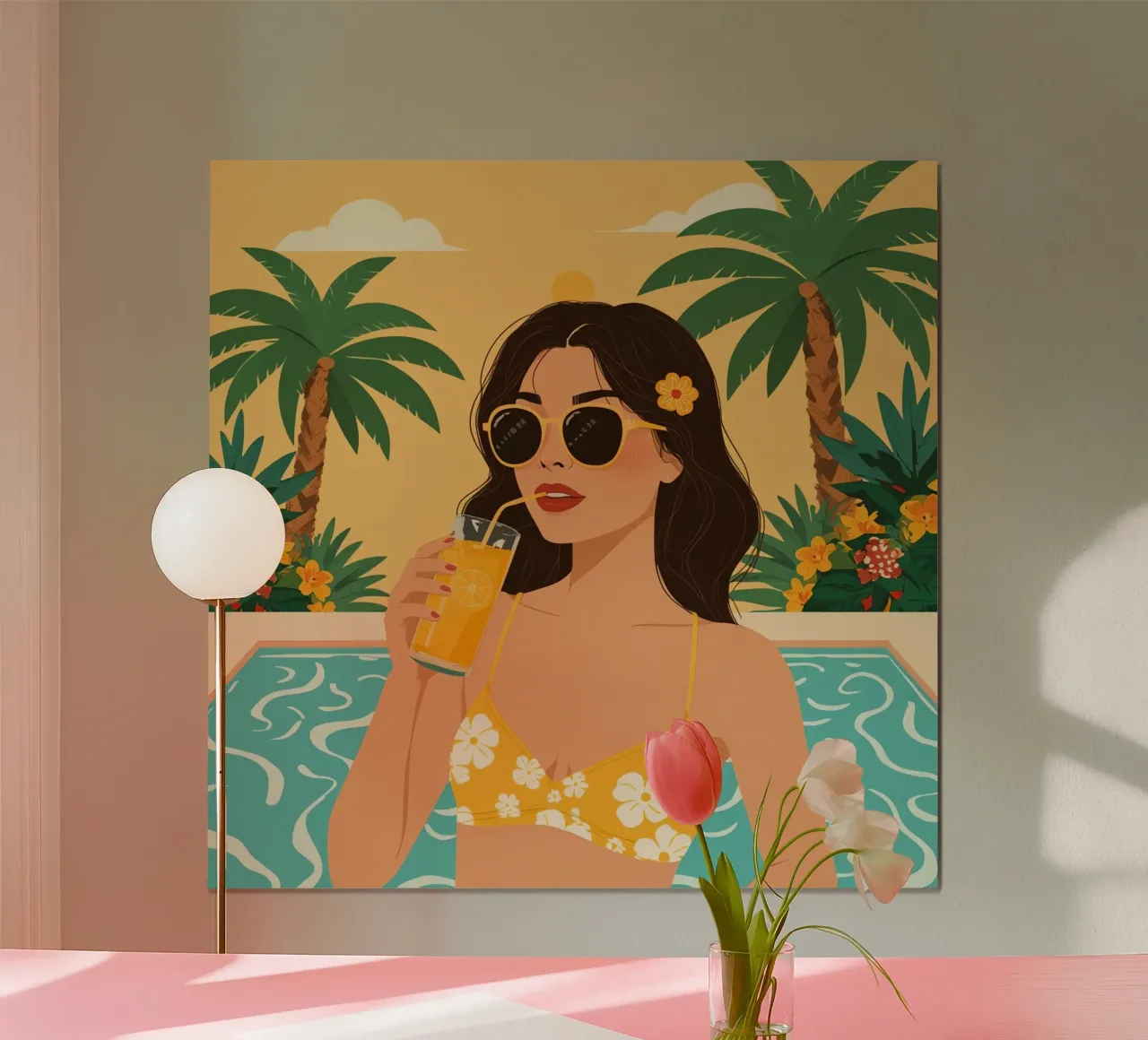 Donna con succo di frutta in piscina con palme poster da DesignDoodle