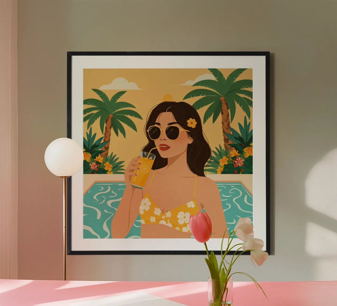 Donna con succo di frutta in piscina con palme poster da DesignDoodle