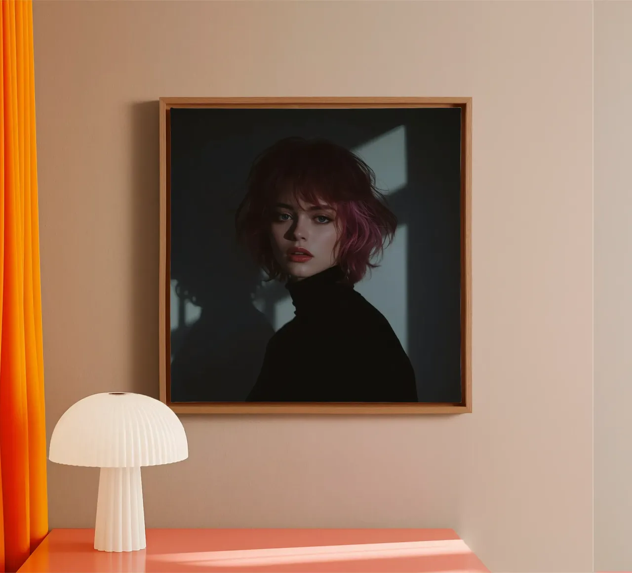 Vrouw met roze haar in zwarte coltrui tegen donkere achtergrond canvas met Baklijst van DesignDoodle
