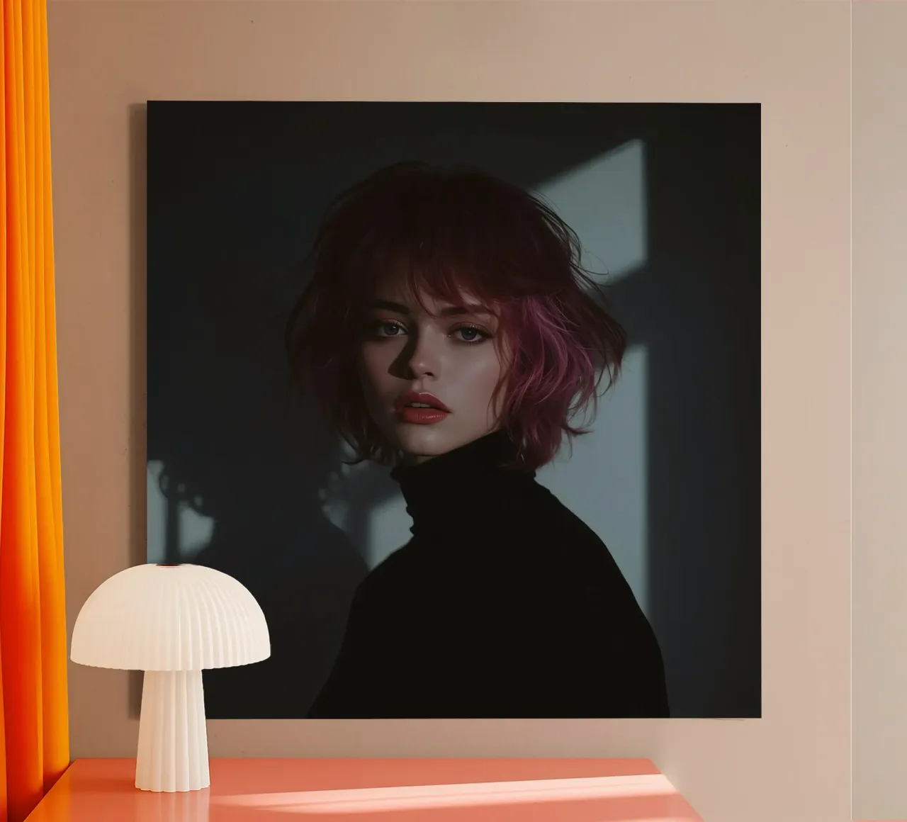 Vrouw met roze haar in zwarte coltrui tegen donkere achtergrond canvas met Baklijst van DesignDoodle