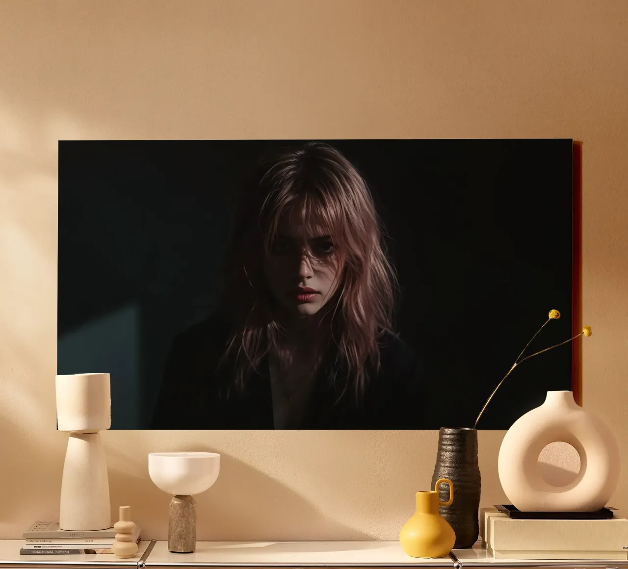 Vrouw met roze lang haar in donker jasje canvas met Baklijst van DesignDoodle