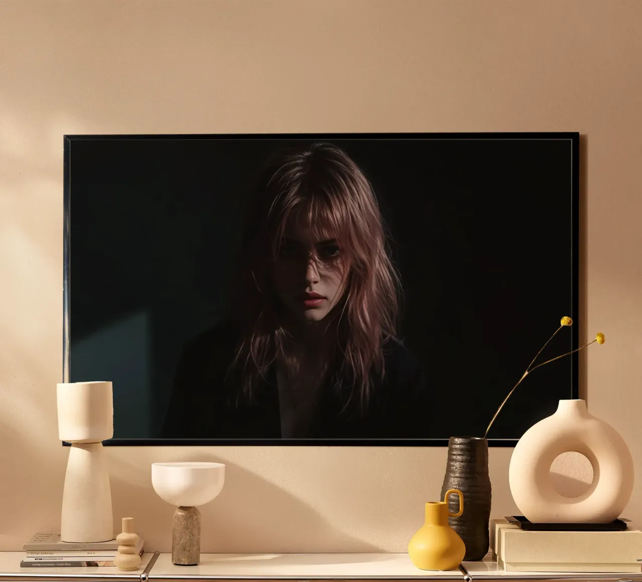 Vrouw met roze lang haar in donker jasje poster met houten frame van DesignDoodle