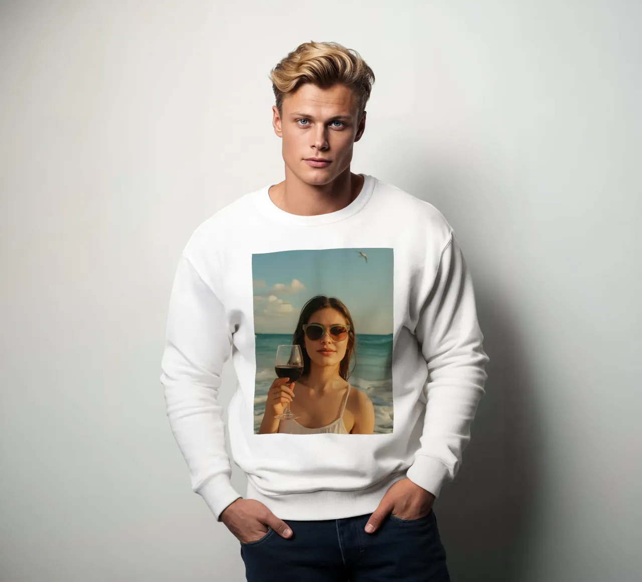 Donna con bicchiere di vino sulla spiaggia felpa da DesignDoodle