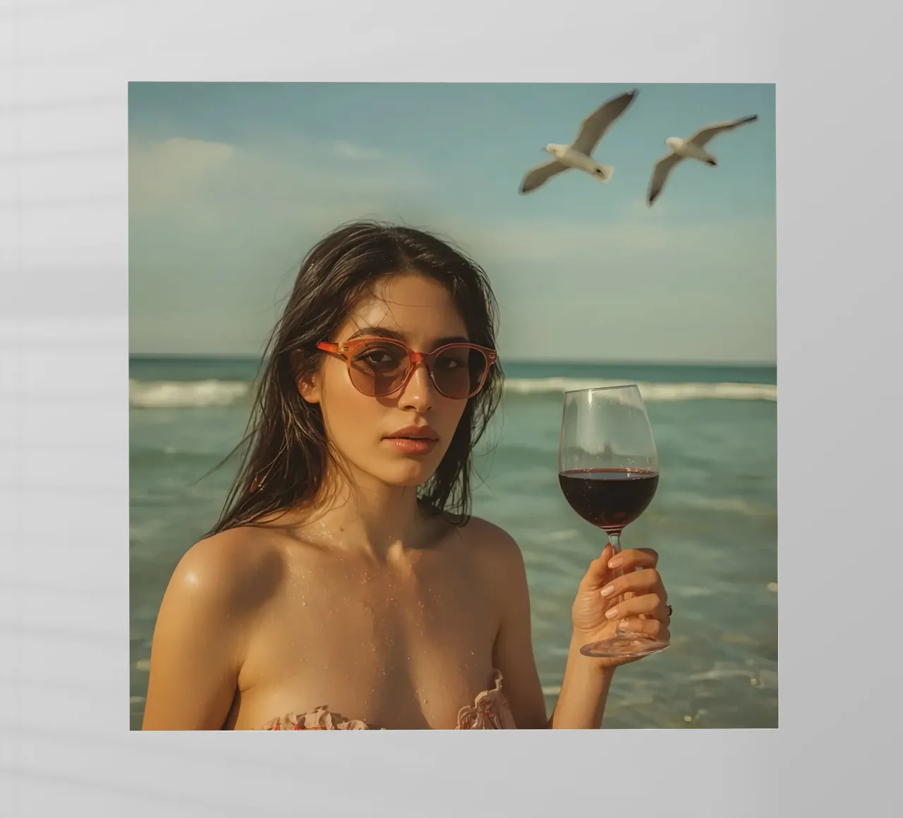 Donna con bicchiere di vino sulla spiaggia Gabbiani sopra la testa pellicola backlit da DesignDoodle
