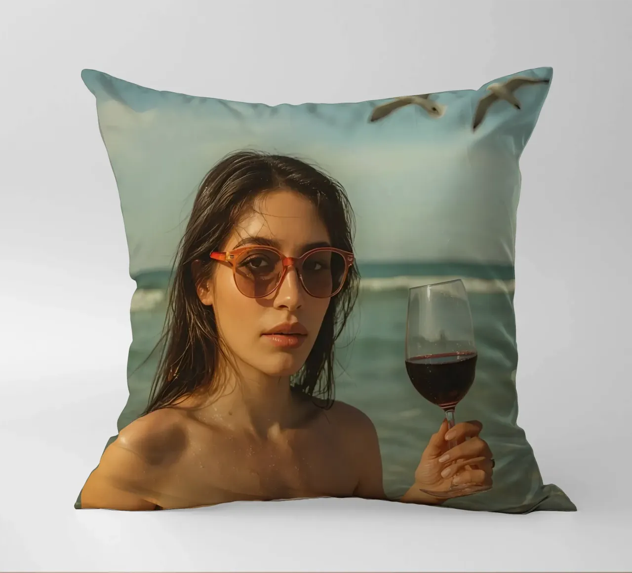 Donna con bicchiere di vino sulla spiaggia Gabbiani sopra la testa cuscino da DesignDoodle