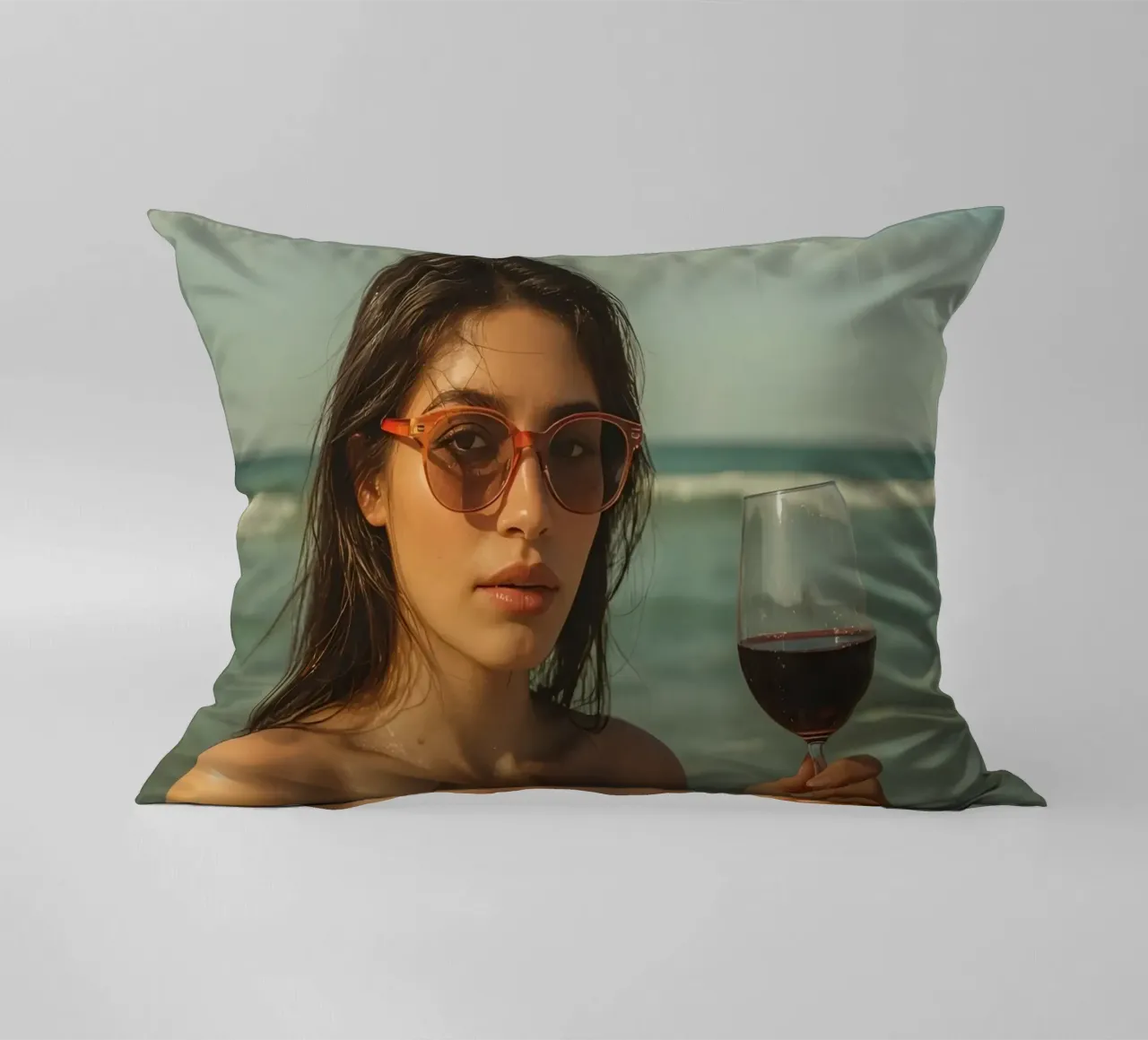 Donna con bicchiere di vino sulla spiaggia Gabbiani sopra la testa cuscino da DesignDoodle
