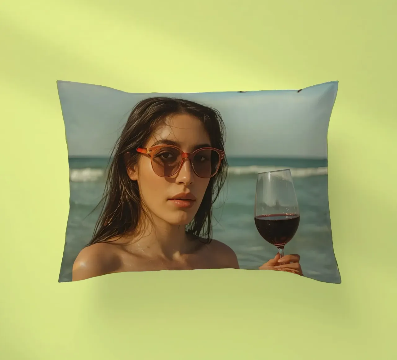 Donna con bicchiere di vino sulla spiaggia Gabbiani sopra la testa cuscino da DesignDoodle