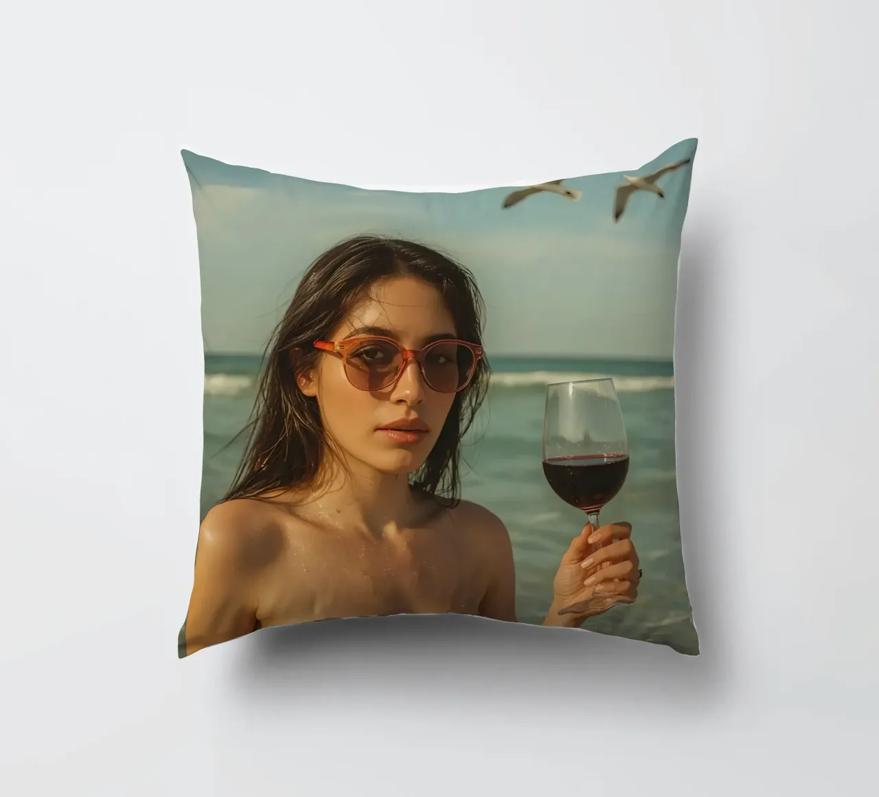 Donna con bicchiere di vino sulla spiaggia Gabbiani sopra la testa cuscino da DesignDoodle