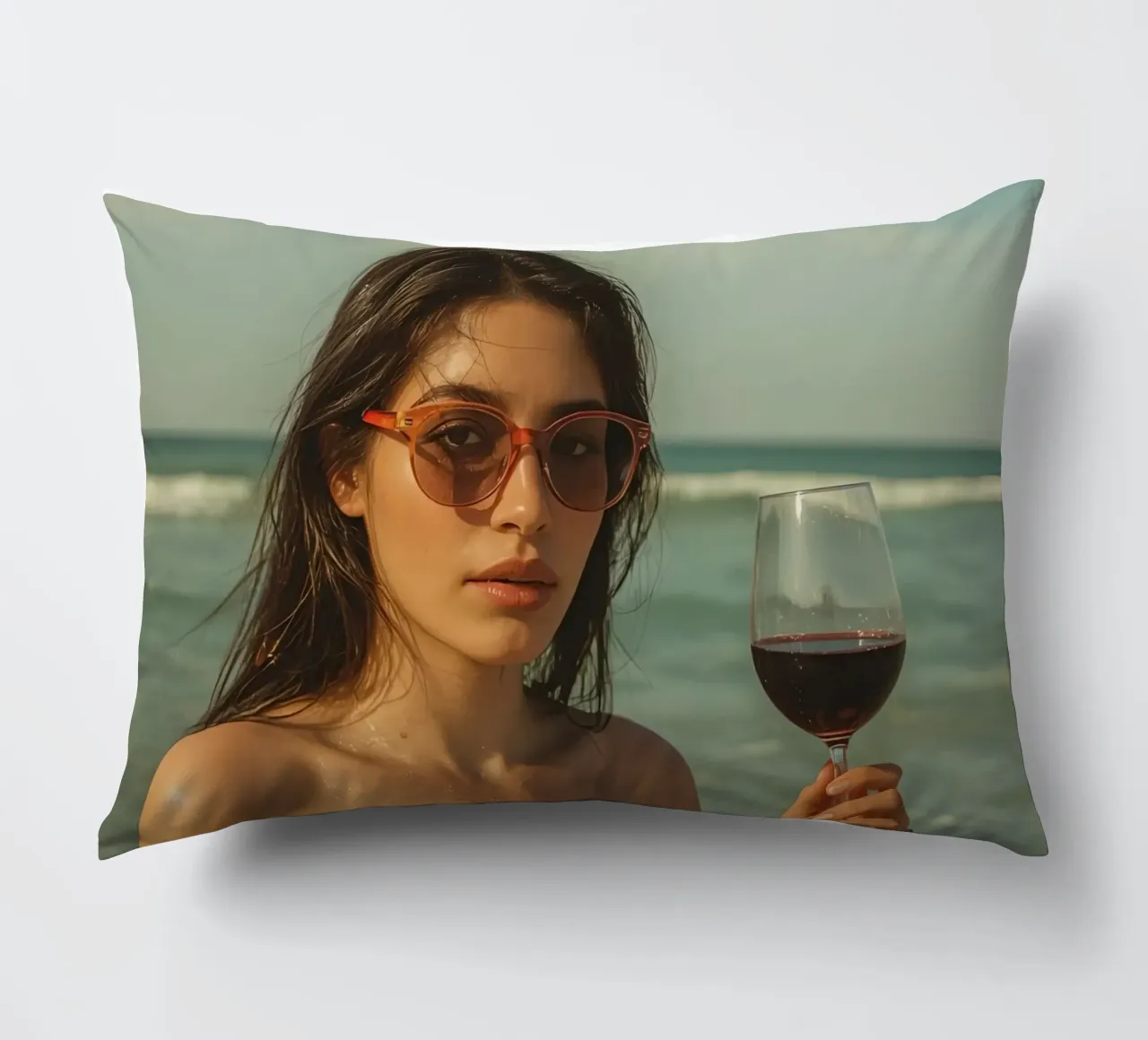 Donna con bicchiere di vino sulla spiaggia Gabbiani sopra la testa cuscino da DesignDoodle
