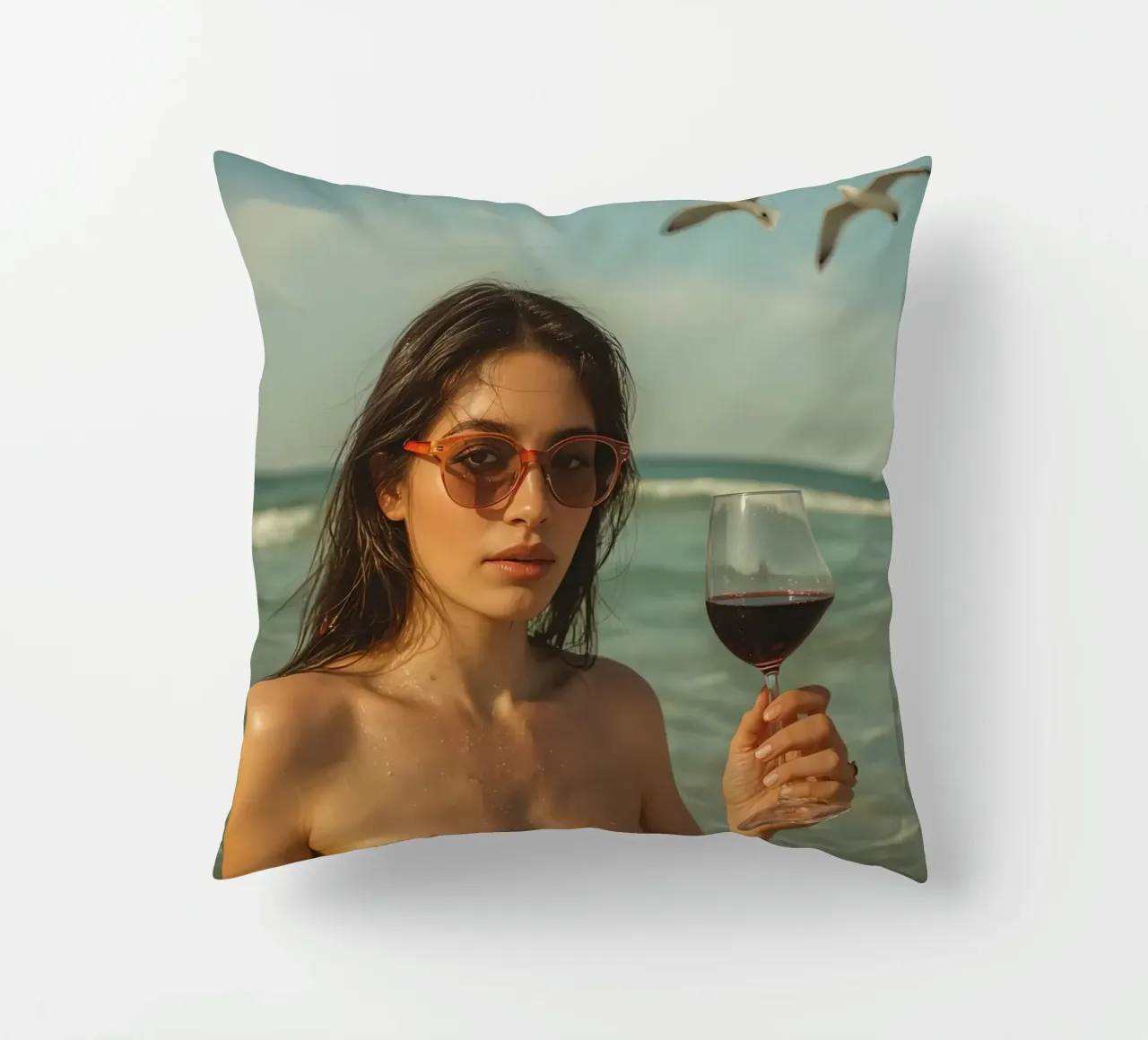 Donna con bicchiere di vino sulla spiaggia Gabbiani sopra la testa cuscino da DesignDoodle
