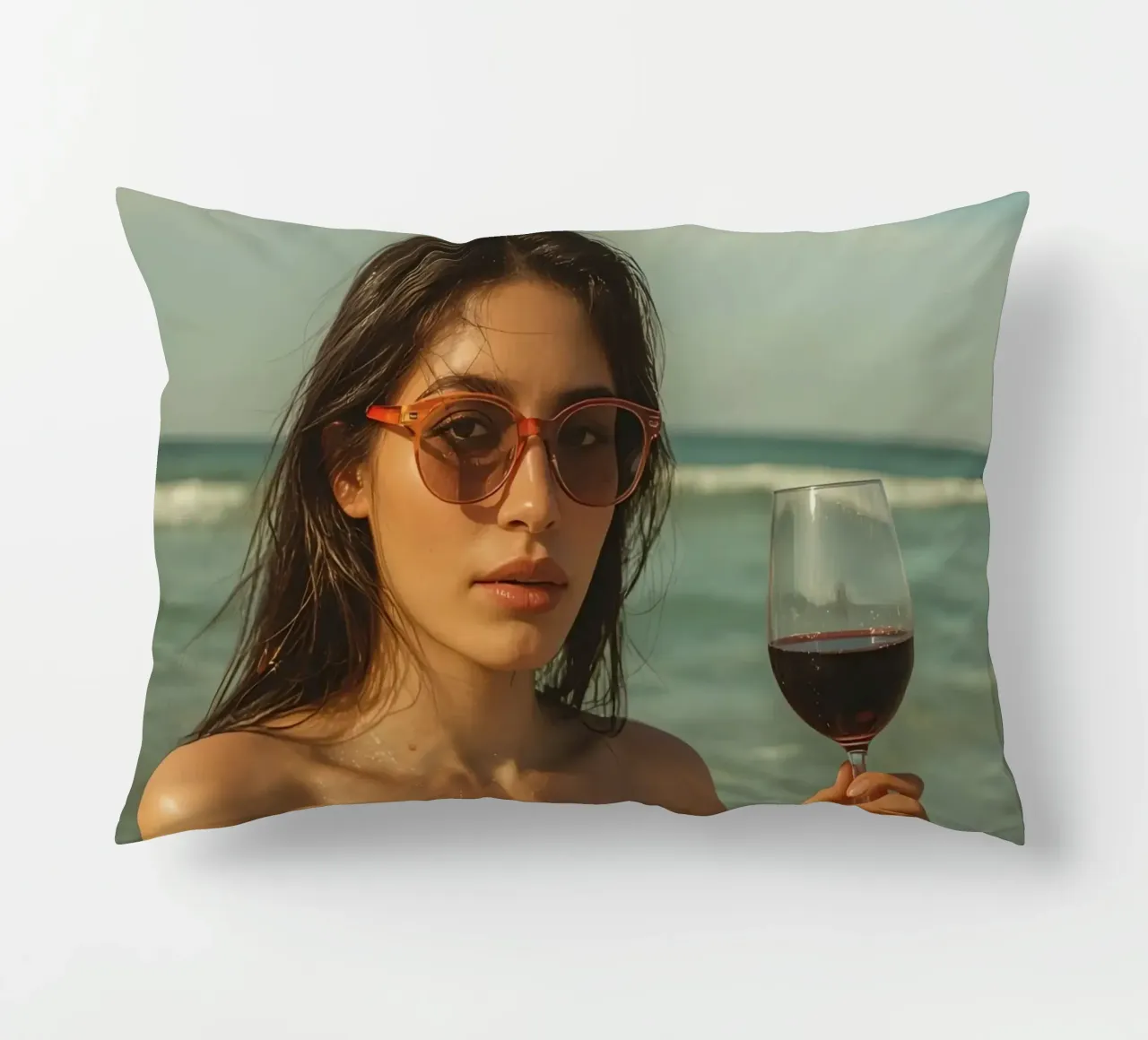 Donna con bicchiere di vino sulla spiaggia Gabbiani sopra la testa cuscino da DesignDoodle