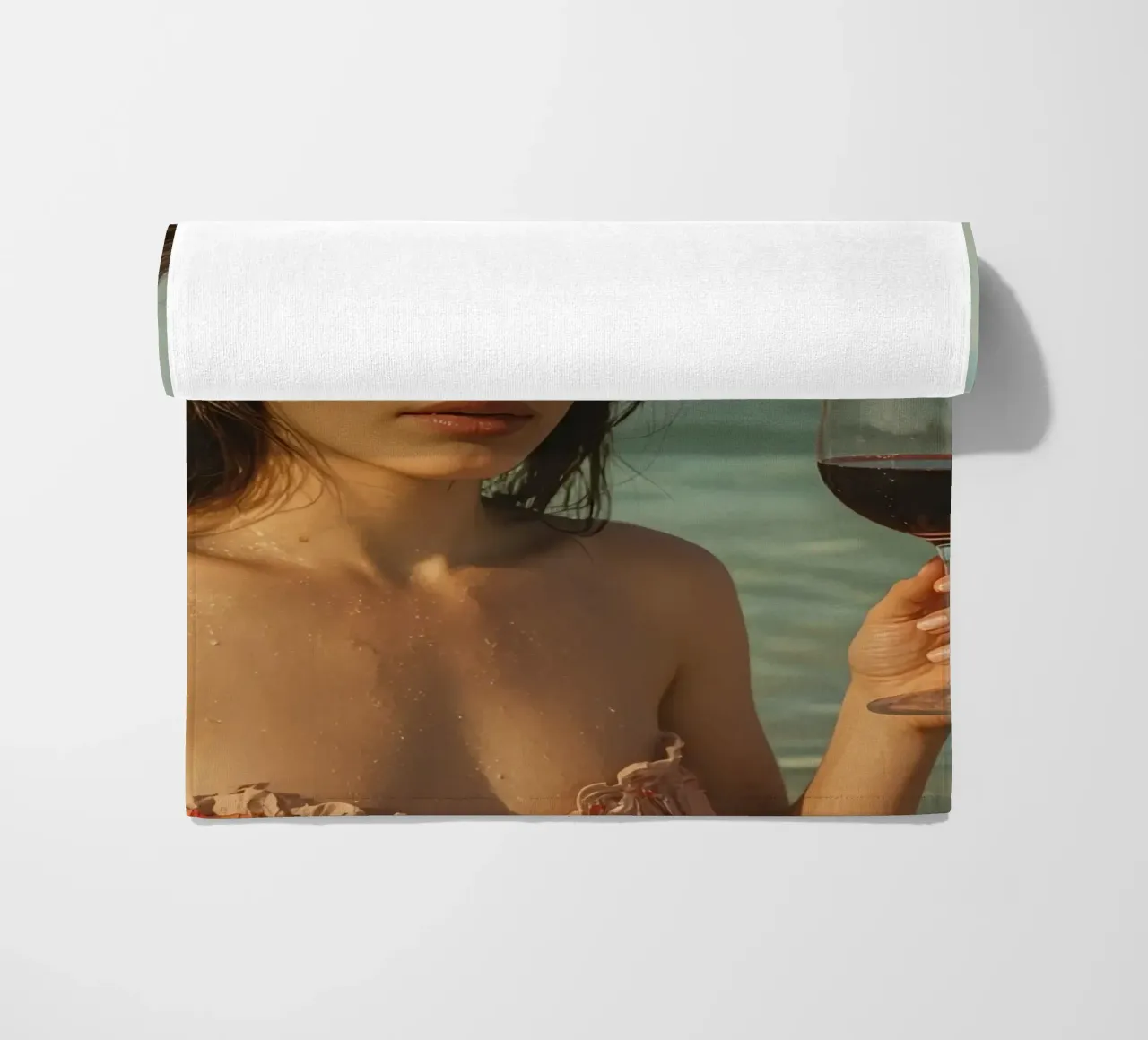 Donna con bicchiere di vino sulla spiaggia Gabbiani sopra la testa telo mare da DesignDoodle