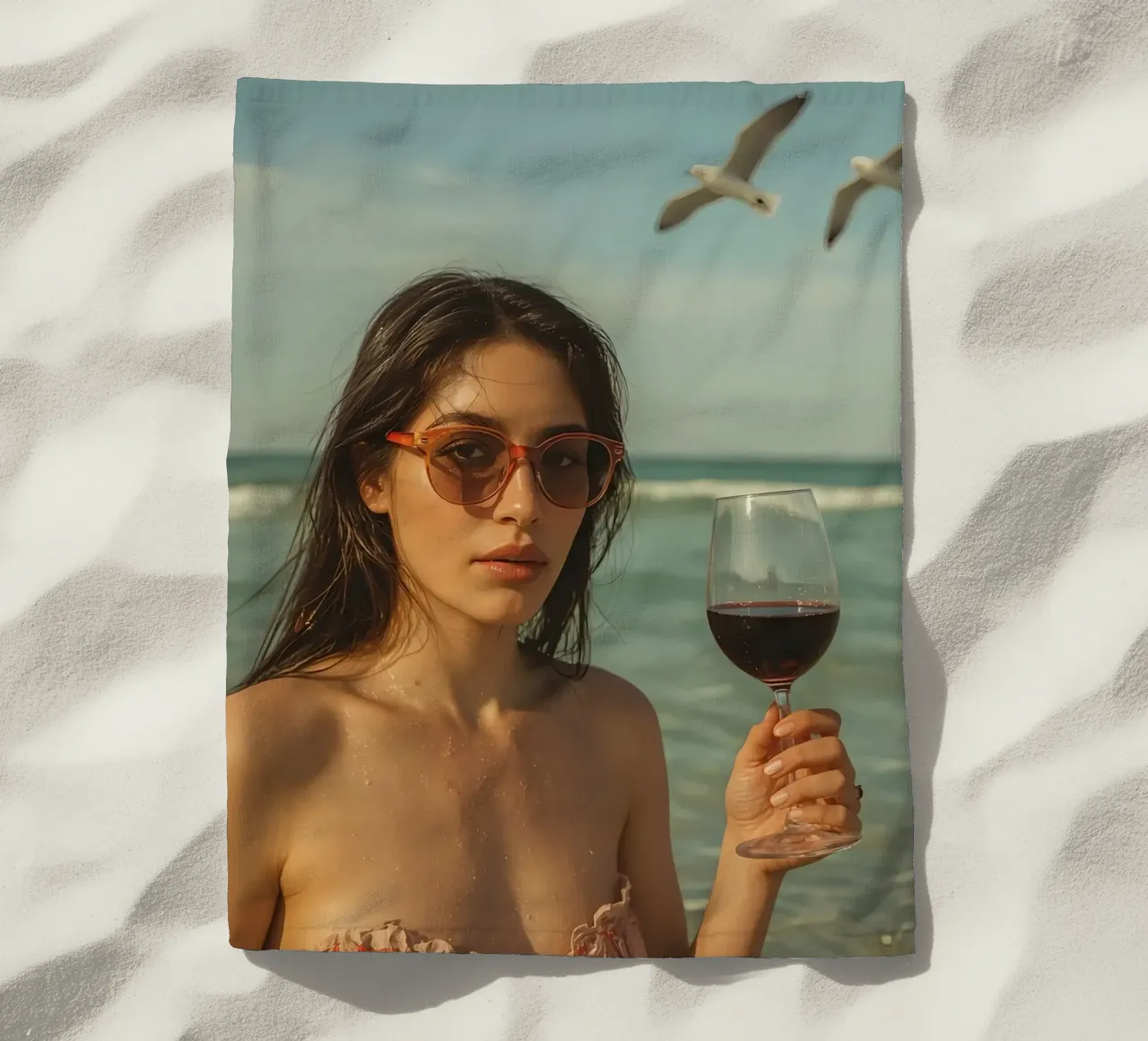 Donna con bicchiere di vino sulla spiaggia Gabbiani sopra la testa telo mare da DesignDoodle