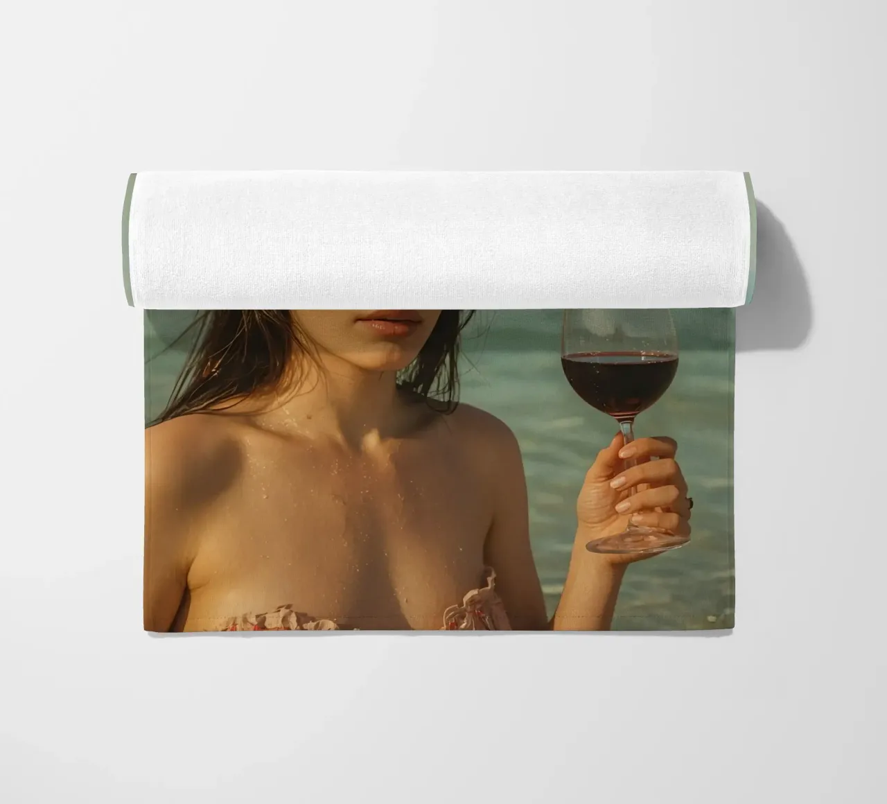 Donna con bicchiere di vino sulla spiaggia Gabbiani sopra la testa telo mare da DesignDoodle