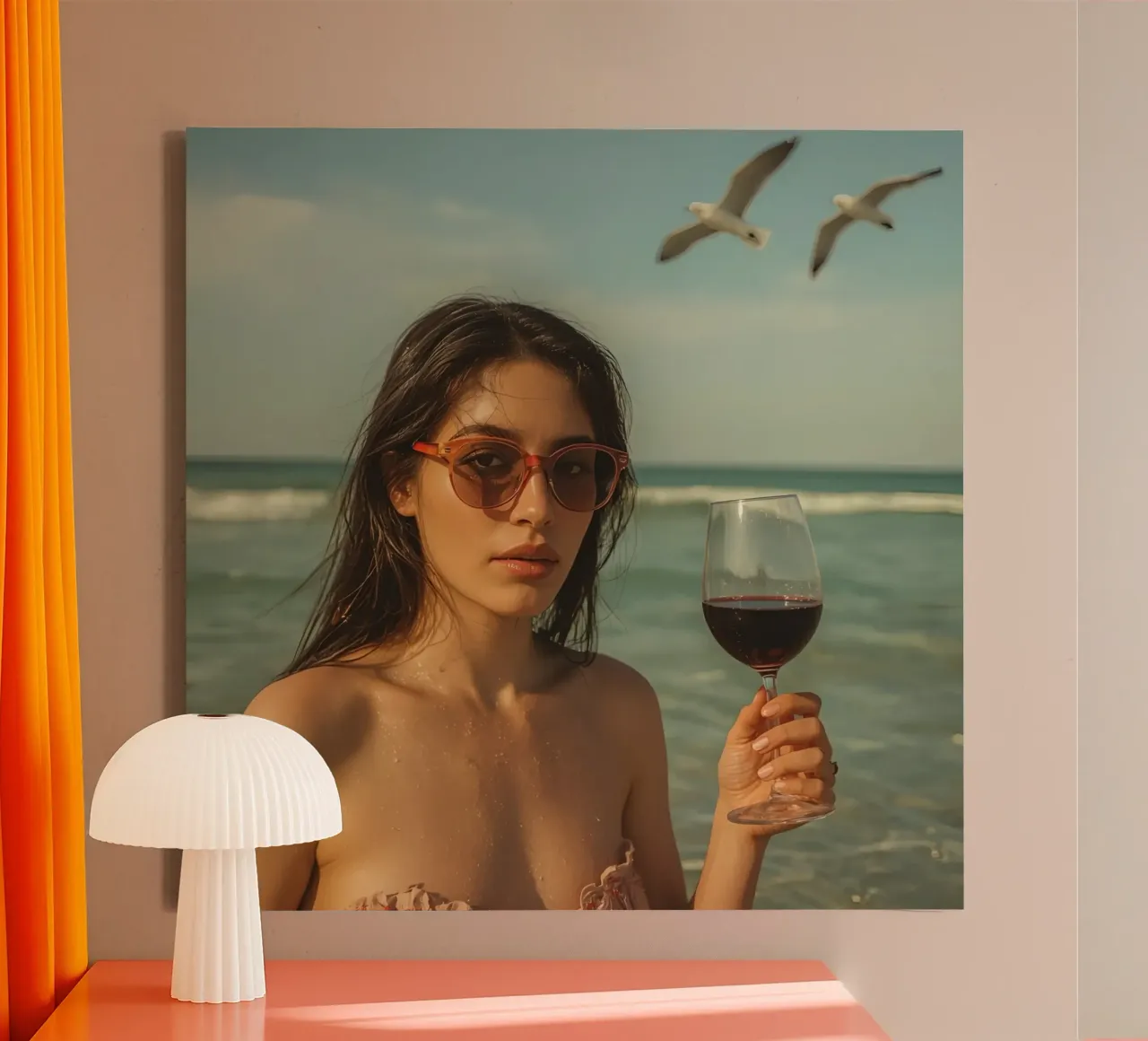 Donna con bicchiere di vino sulla spiaggia Gabbiani sopra la testa tela con Cornice a cassetta da DesignDoodle